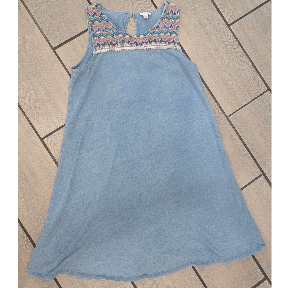 Spense Blue Sleeveless Embroidered Yoke Shift Dress Pom Pom Trim Medium